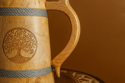 Handcrafted Wooden Decorative Mug with Tree of Life Engraving - Rustic Artisan Tankard
