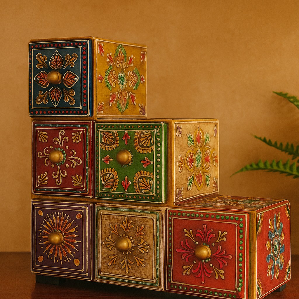 Hand-Painted Wooden Storage Box – Indian Folk Art Jewelry & Trinket Chest | Colorful Accent Decor