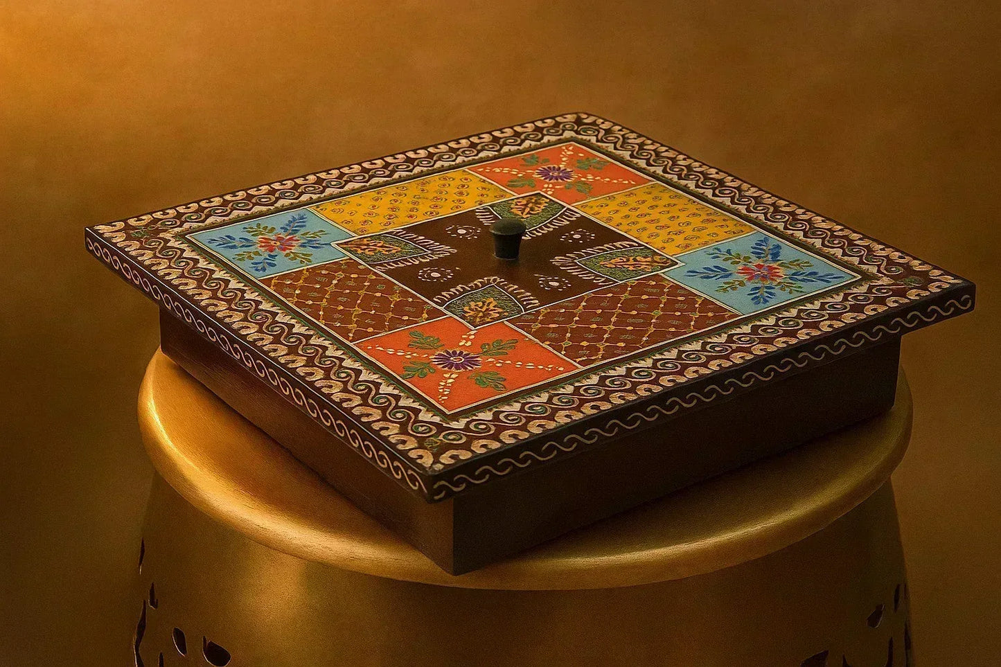 Handpainted Wooden Spice Box - 4-Compartment Masala & Dry Fruit Box with Rajasthani Folk Art Lid