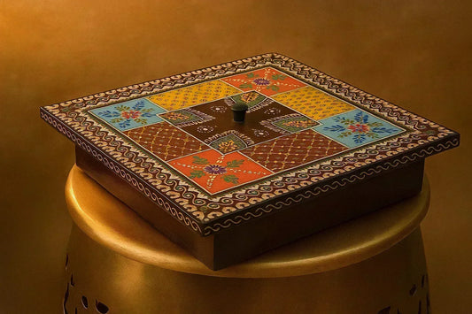 Handpainted Wooden Spice Box - 4-Compartment Masala & Dry Fruit Box with Rajasthani Folk Art Lid