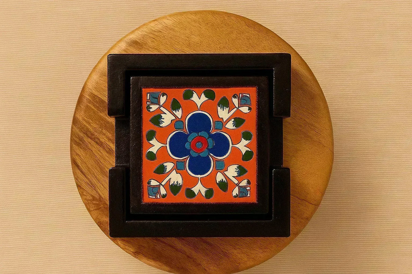 Hand-Painted Wooden Coaster Set with Ceramic Tiles - Set of 4 (4x4 Inch) with Holder