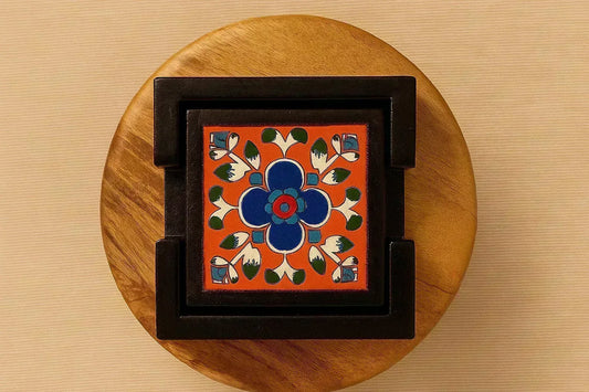 Hand-Painted Wooden Coaster Set with Ceramic Tiles - Set of 4 (4x4 Inch) with Holder