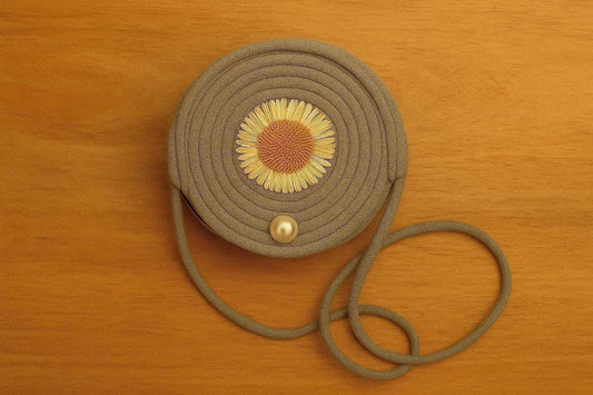 Handcrafted Round Sling Bag with Woven Sunflower - Boho Chic Coiled Rope Purse