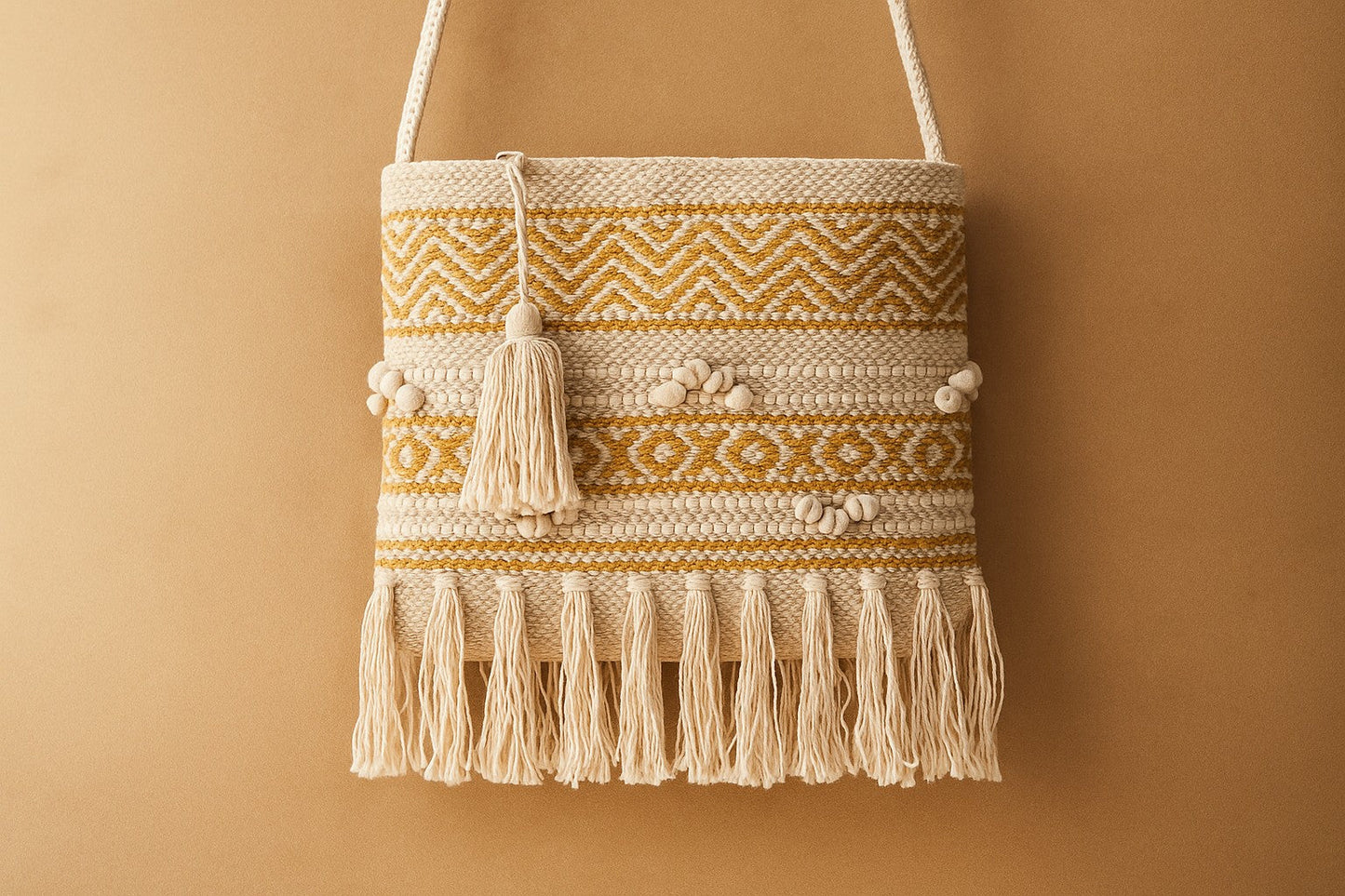 Handwoven Cotton Macrame Sling Bag with Tassels – Boho Fringe Crossbody for Women – Eco-Friendly Summer Travel Purse