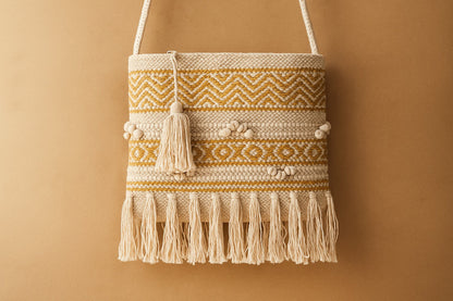 Handwoven Cotton Macrame Sling Bag with Tassels – Boho Fringe Crossbody for Women – Eco-Friendly Summer Travel Purse