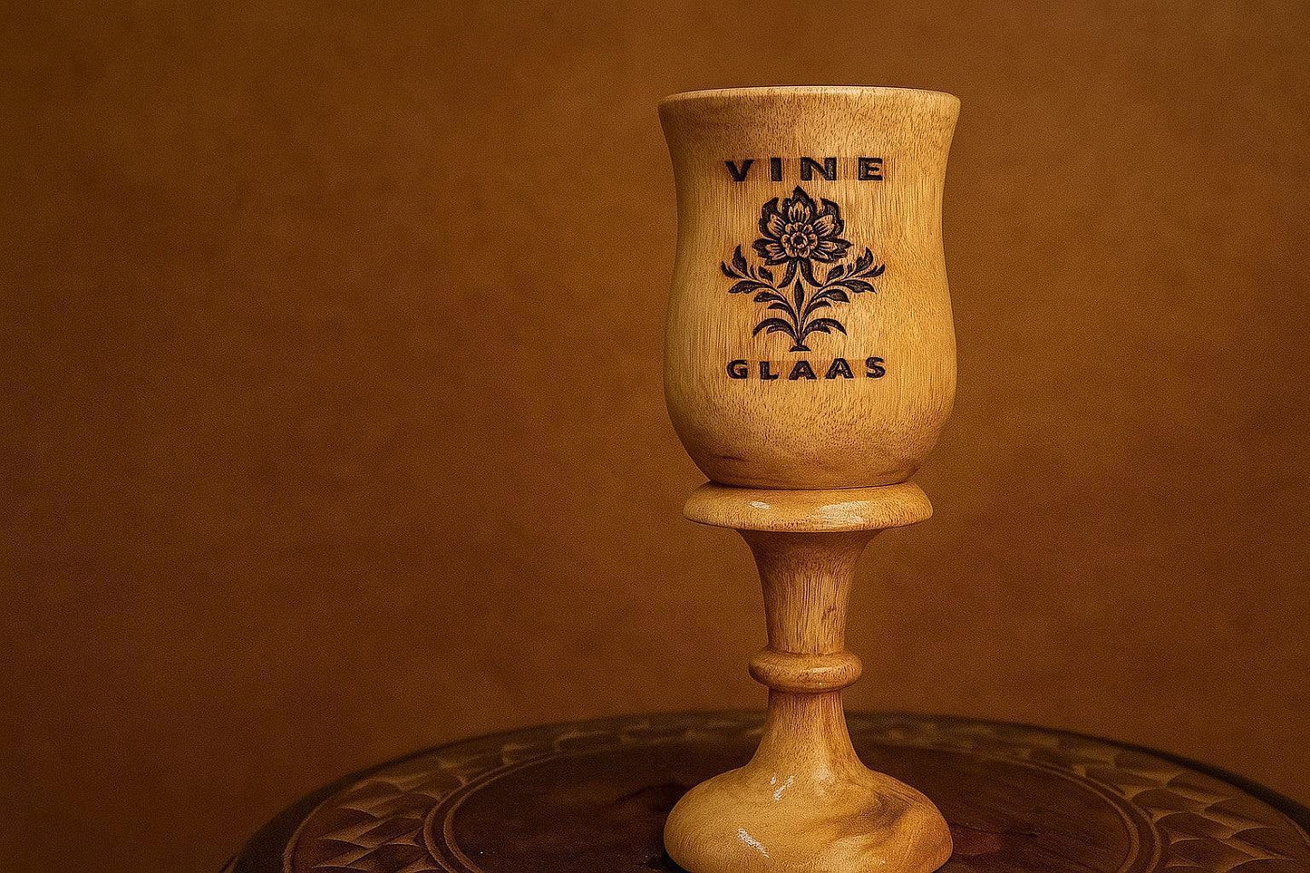 Handcrafted Wooden Goblet - "Vine Glaas" Engraved Decorative Chalice