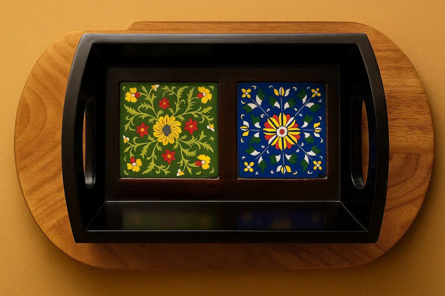 Handcrafted Wooden Serving Tray with Ceramic Tile Inlay - Jaipur Art Decor