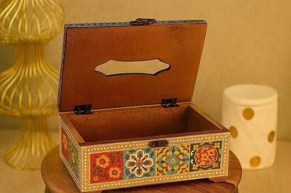Handpainted Wooden Tissue Box Holder - Blue Pottery Inspired Indian Art Decor