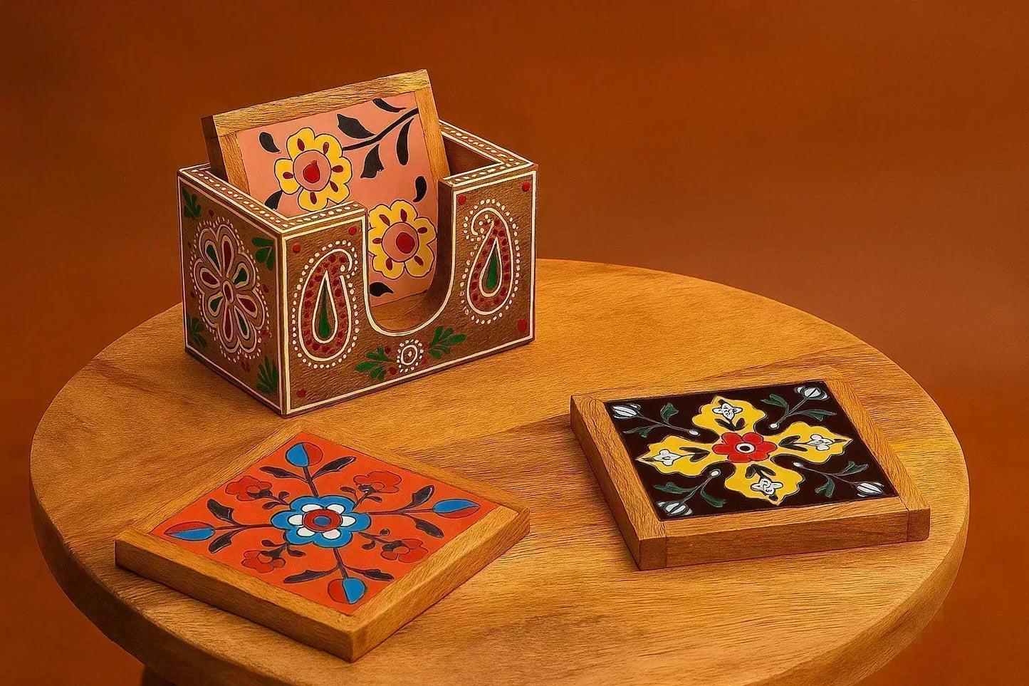 Hand-Painted Wooden Tea Coaster Set - Jaipur Ceramic Art - Set of 4 with Holder