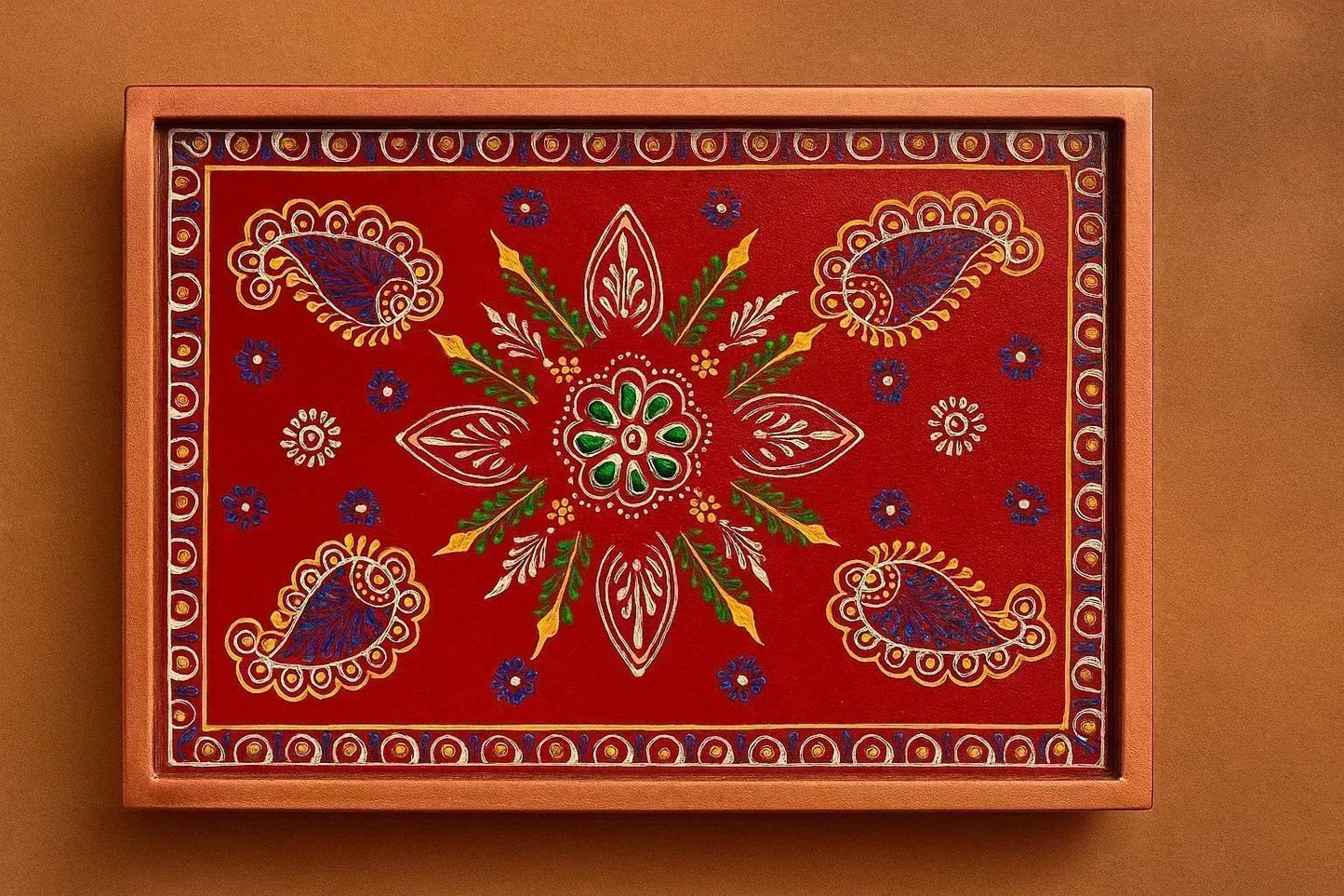 Hand-Painted Decorative Serving Cart - Rajasthani Folk Art Platter on Wheels