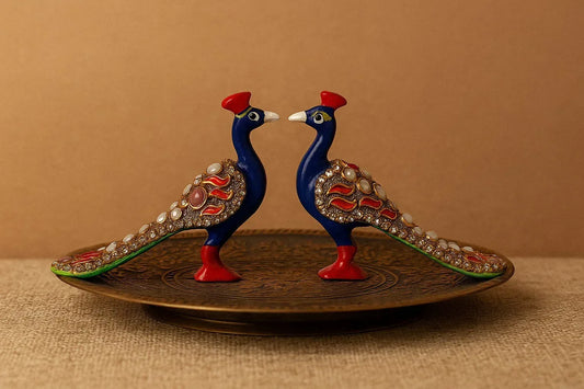 Handcrafted Meenakari Peacock Showpiece Pair- Aluminium Figurine with Stone Work
