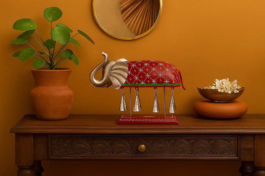 Hand-Painted Metal Elephant Showpiece with Hanging Bells - Rajasthani Good Luck Figurine