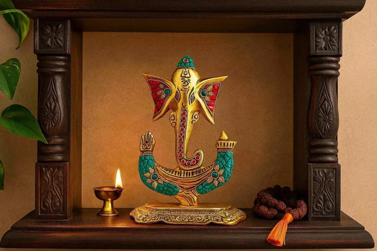 Brass Ganesha Idol with Turquoise & Coral Stone Inlay - Handcrafted Ganesh Murti Statue
