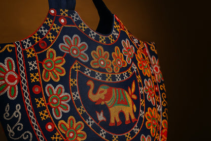 Handcrafted Embroidered Cotton Sling Bag Elephant Motif – Boho Ethnic Tote for Women – Rajasthani Folk Art Design