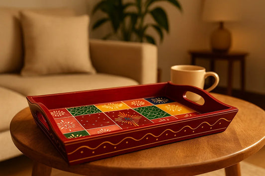 Handpainted Marwari Wooden Serving Tray - Traditional Indian Art Decorative Platter