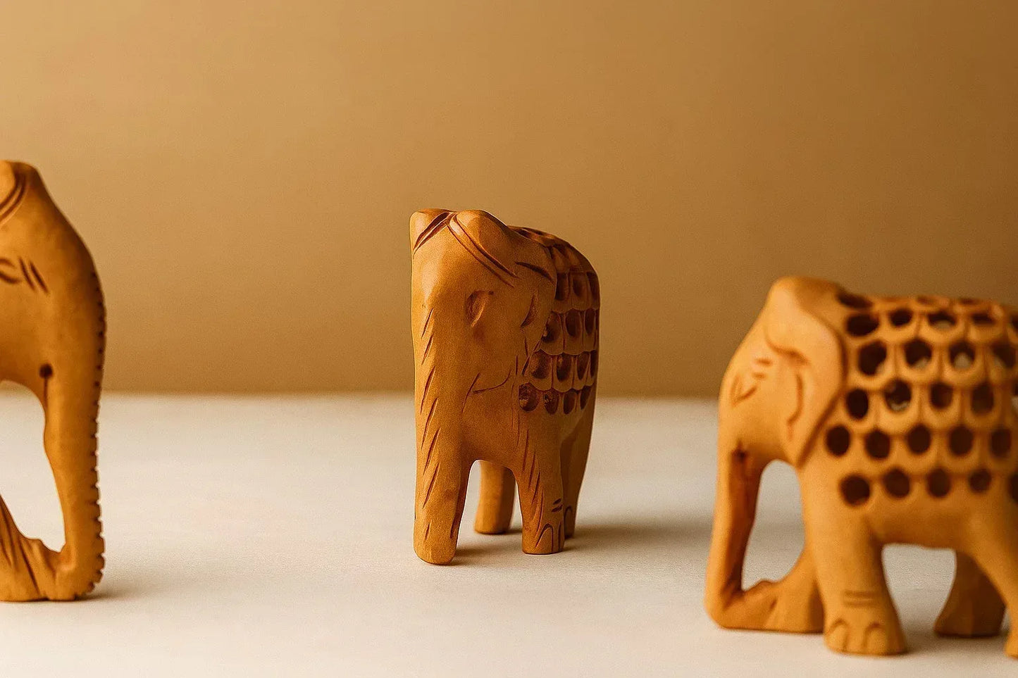 Handcarved Wooden Elephant Set - "Mother & Baby" Nested Design - Indian Artisan Home Decor