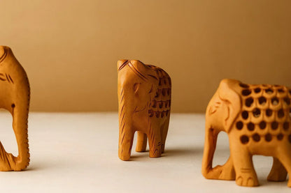 Handcarved Wooden Elephant Set - "Mother & Baby" Nested Design - Indian Artisan Home Decor