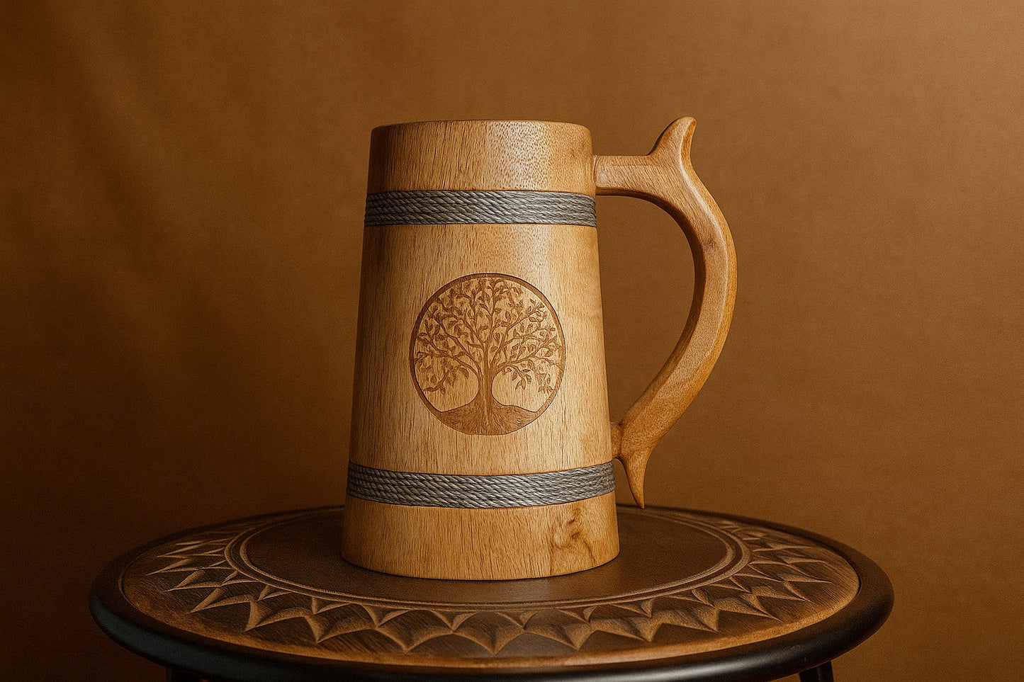 Handcrafted Wooden Decorative Mug with Tree of Life Engraving - Rustic Artisan Tankard