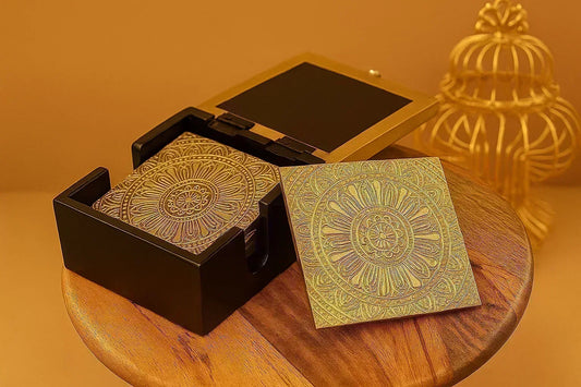 Handcrafted Brass Embossed Coaster Set - Indian Mandala Art - Wooden Tea Coasters with Holder