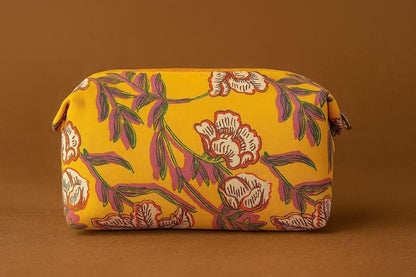 Handcrafted Indian Cotton Travel Pouch - Block Print & Ikat Cosmetic Bag / Utility Organizer
