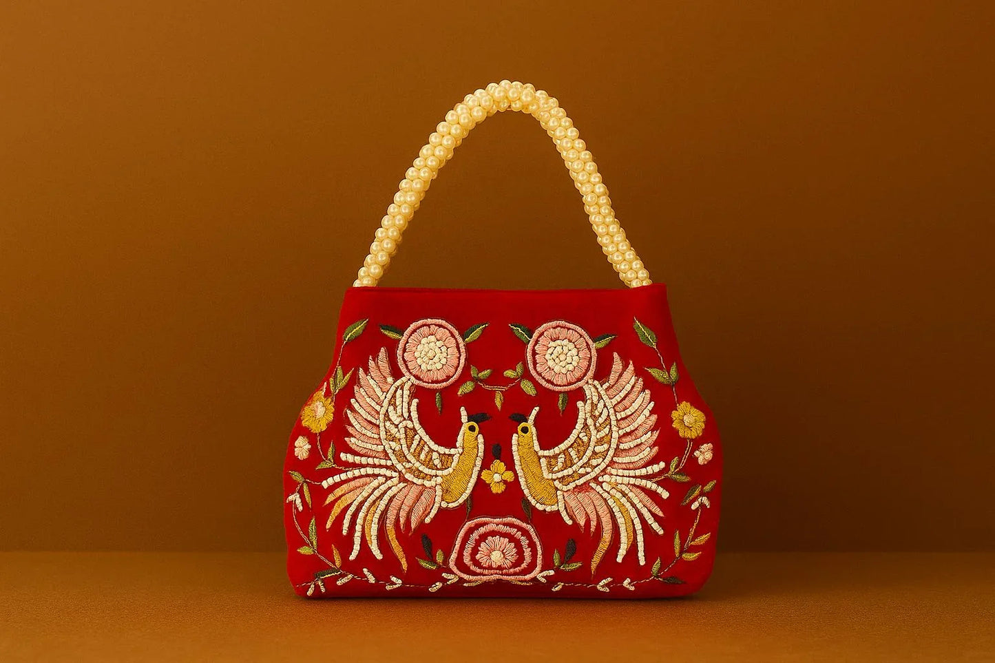 Handcrafted Velvet Mini Tote with Pearl Handle - 'Twin Peacocks' Embroidered Handbag