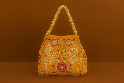 Handcrafted Velvet Mini Tote with Pearl Handle - 'Twin Peacocks' Embroidered Handbag