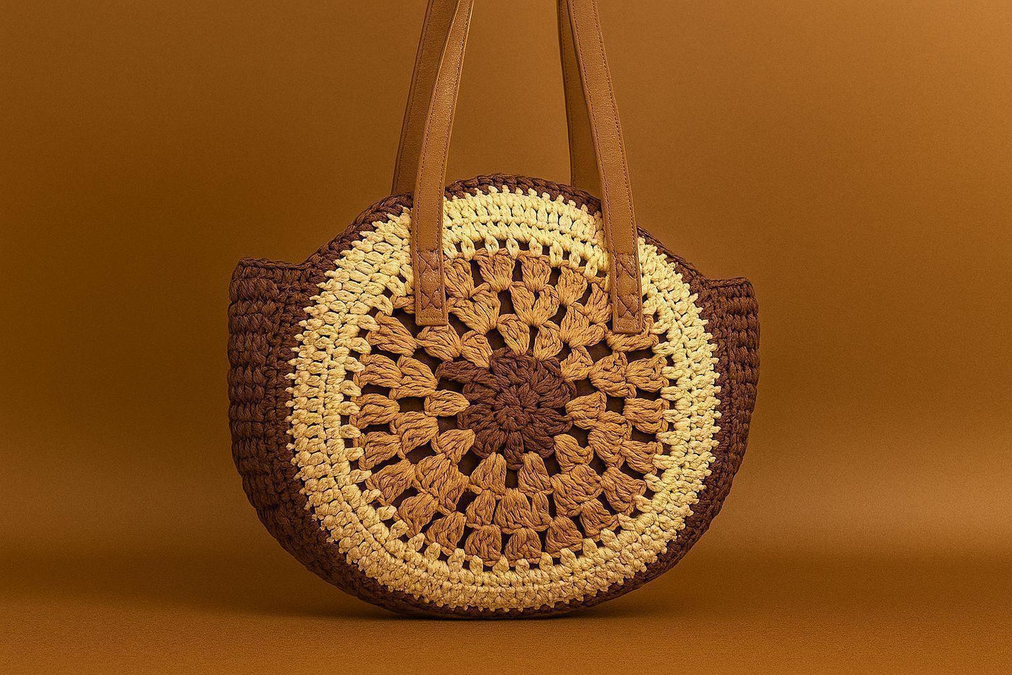 Handcrafted Crochet Mandala Tote Bag - Boho Round Shoulder Bag with Leather Handles