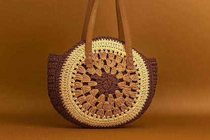 Handcrafted Crochet Mandala Tote Bag - Boho Round Shoulder Bag with Leather Handles