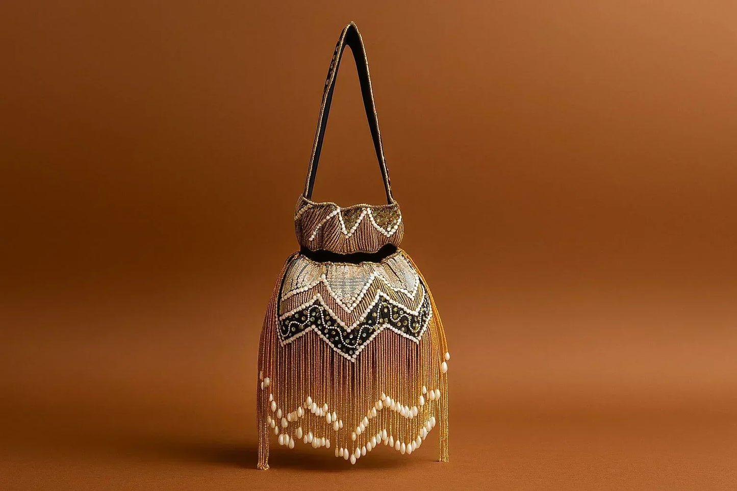 Handcrafted Beaded Fringe Potli Bag - Retro-Glam 'Gatsby' Style Evening Bucket Bag