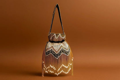 Handcrafted Beaded Fringe Potli Bag - Retro-Glam 'Gatsby' Style Evening Bucket Bag