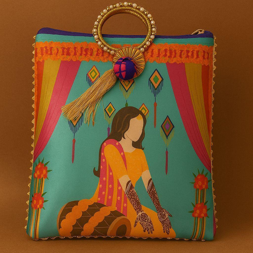Digital Print Ethnic Handbag with Ring Handle - 'Dholak Sangeet' Illustration