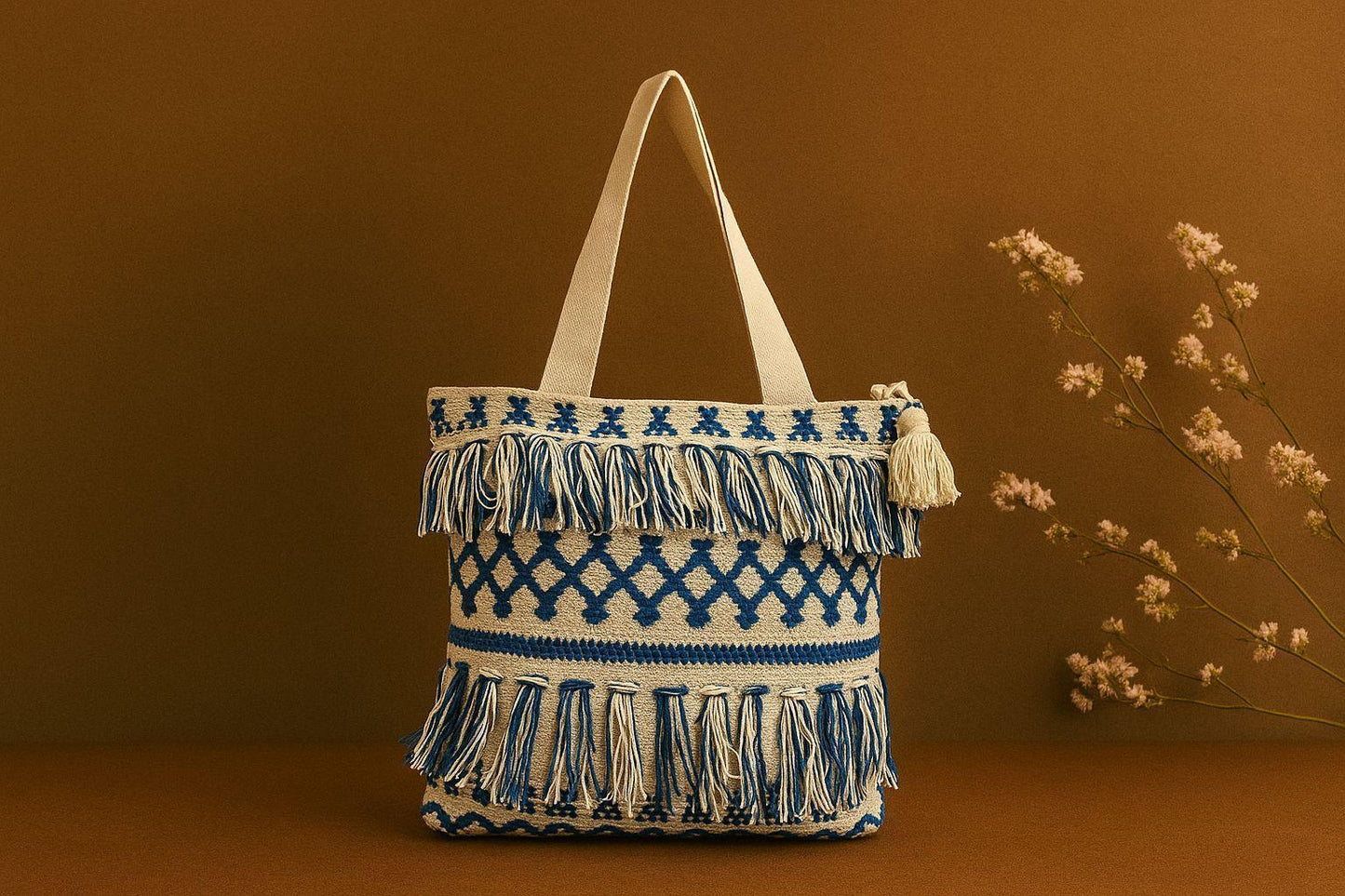 Handcrafted Boho Diamond Tote Bag - Woven Jacquard Shoulder Bag with Double Fringes