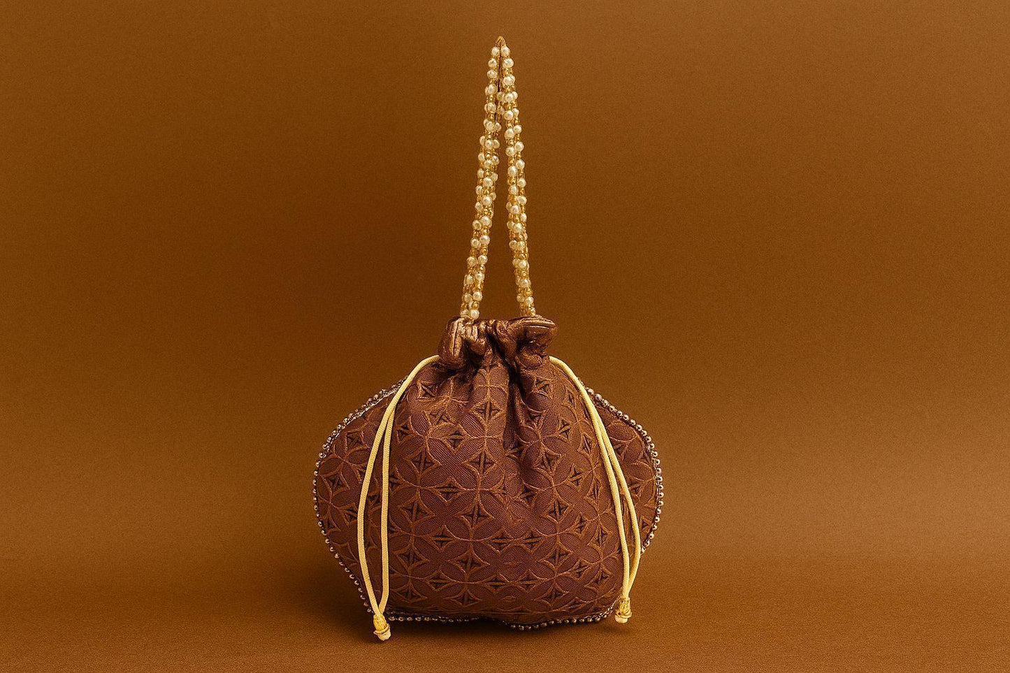 Handcrafted Self-Embroidered Silk Potli Bag with Pearl Handle - Monotone Ethnic Batwa