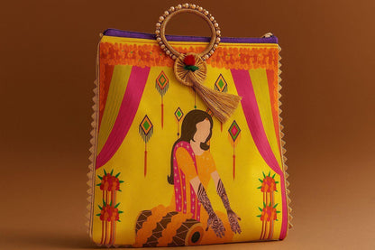 Digital Print Ethnic Handbag with Ring Handle - 'Dholak Sangeet' Illustration