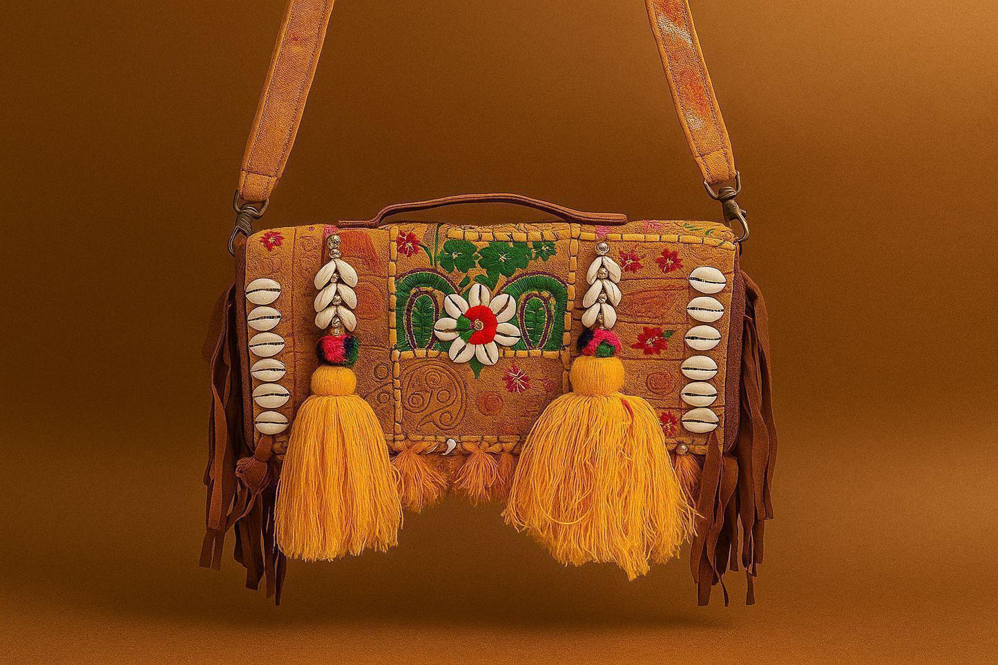 Handcrafted Banjara Patchwork Sling Bag - Boho Gypsy Crossbody with Cowrie Shells & Fringes