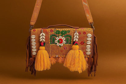 Handcrafted Banjara Patchwork Sling Bag - Boho Gypsy Crossbody with Cowrie Shells & Fringes