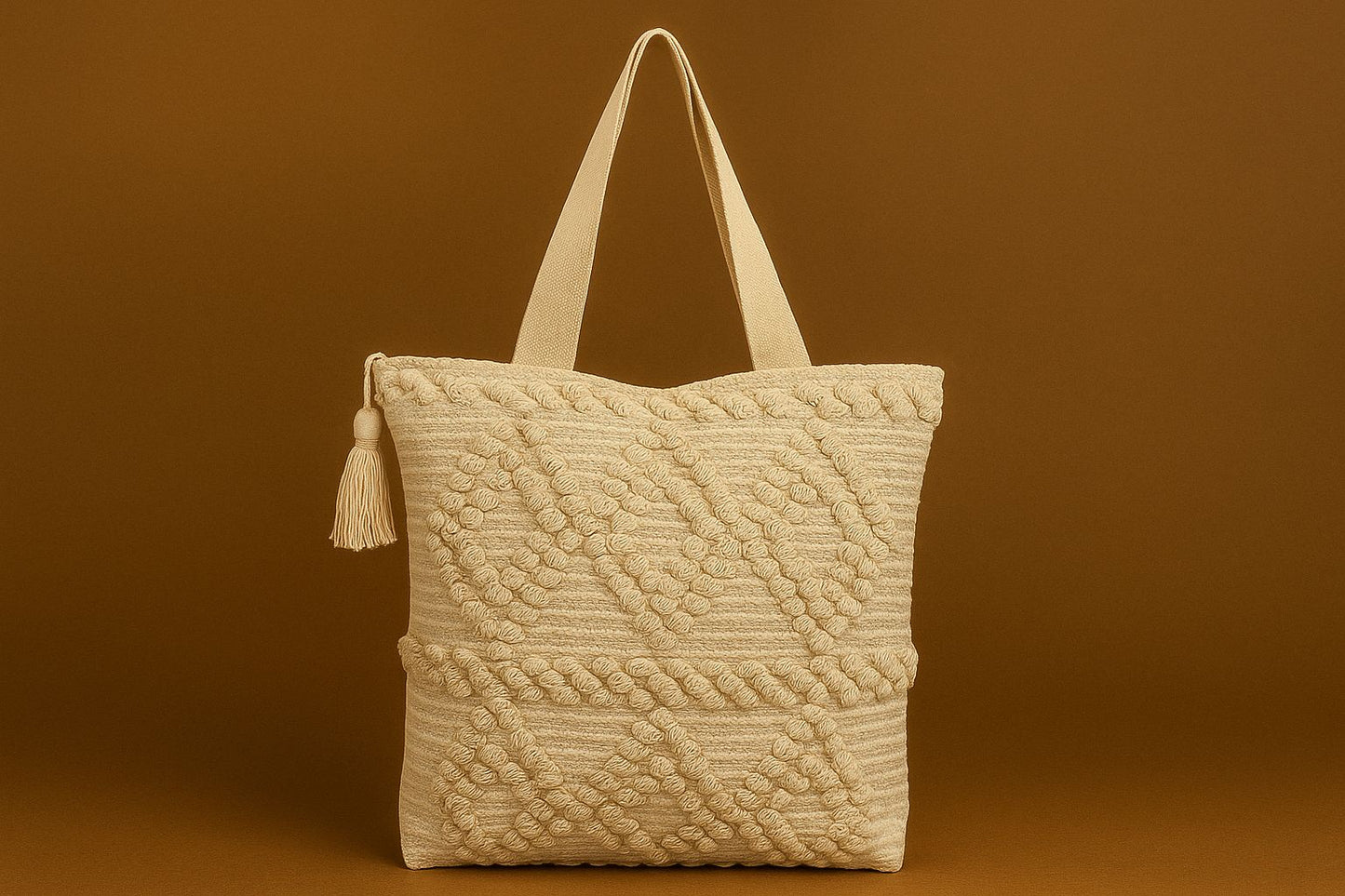 Handcrafted Tufted Cotton Tote Bag - Textured Boho Shoulder Bag with Tassels