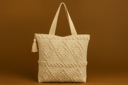 Handcrafted Tufted Cotton Tote Bag - Textured Boho Shoulder Bag with Tassels