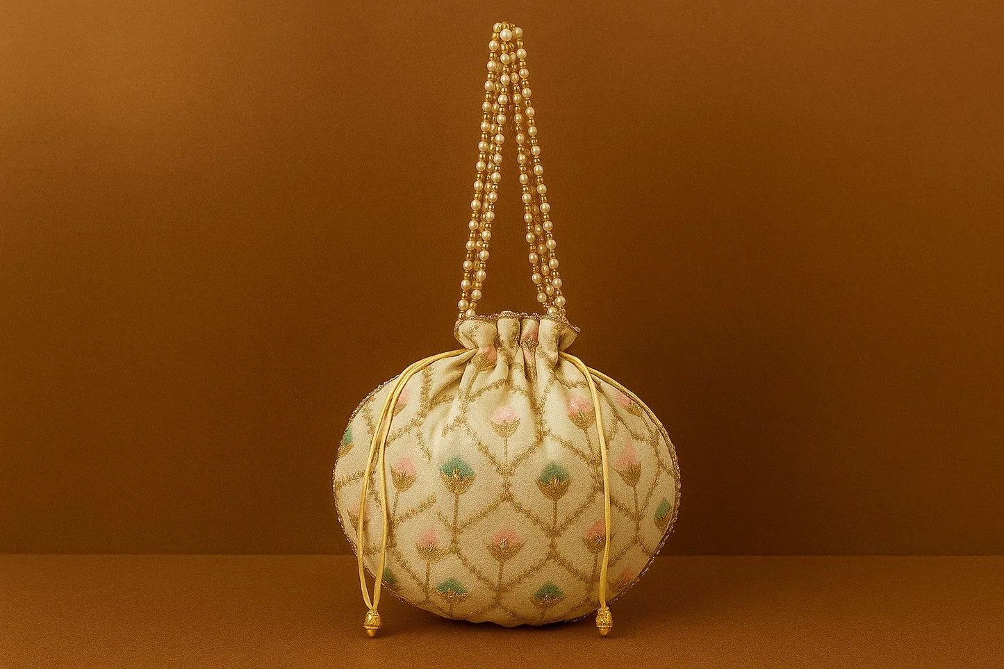 Handcrafted Embroidered Potli Bag with Pearl Handle - Traditional Rajasthani Wedding Batwa