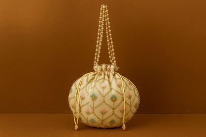 Handcrafted Embroidered Potli Bag with Pearl Handle - Traditional Rajasthani Wedding Batwa