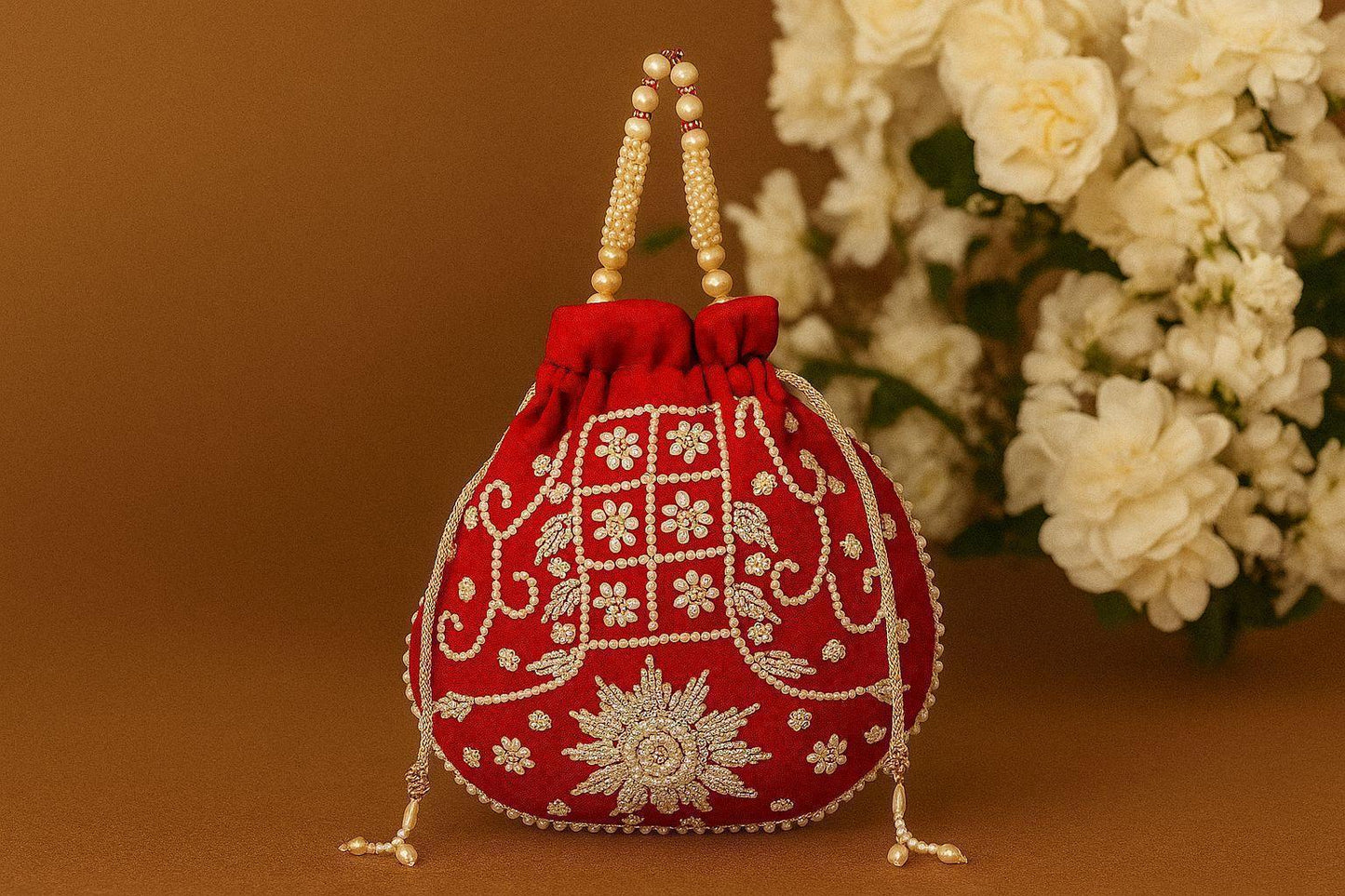 Handcrafted Royal Red Potli Bag with Heavy Pearl & Zardosi Embroidery - Bridal Batwa