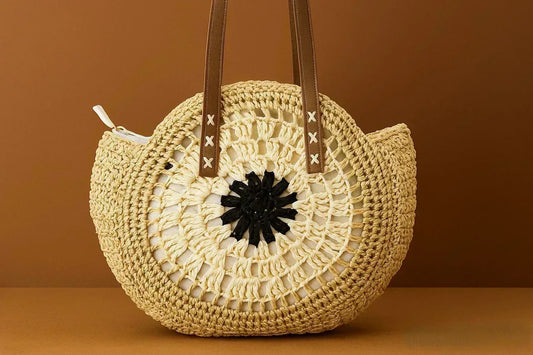 Handcrafted Crochet Mandala Tote Bag - Boho Round Shoulder Bag with Leather Handles
