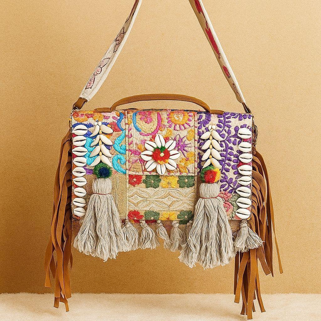 Handcrafted Banjara Patchwork Sling Bag - Boho Gypsy Crossbody with Cowrie Shells & Fringes