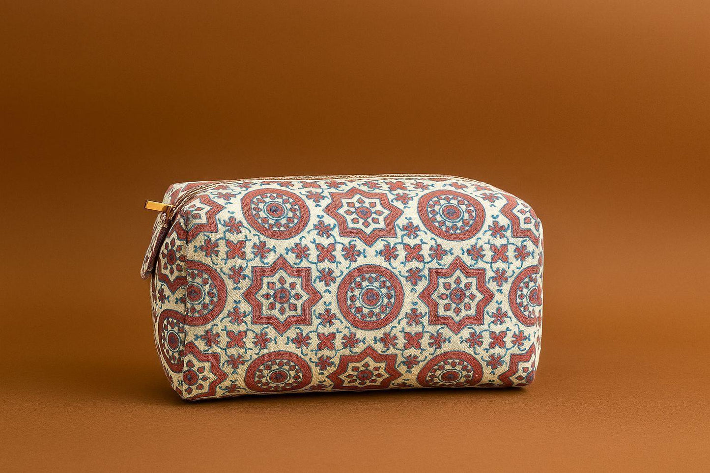 Handcrafted Indian Cotton Travel Pouch - Block Print & Ikat Cosmetic Bag / Utility Organizer