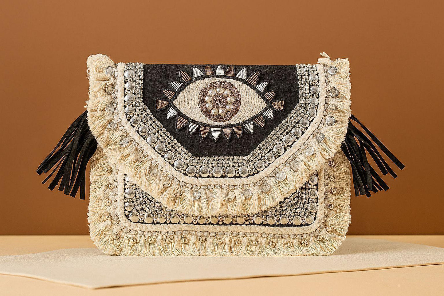 Handcrafted Boho Beaded Clutch & Sling Bag - Tribal Coins, Shells & Evil Eye Design