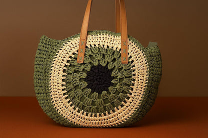 Handcrafted Crochet Mandala Tote Bag - Boho Round Shoulder Bag with Leather Handles