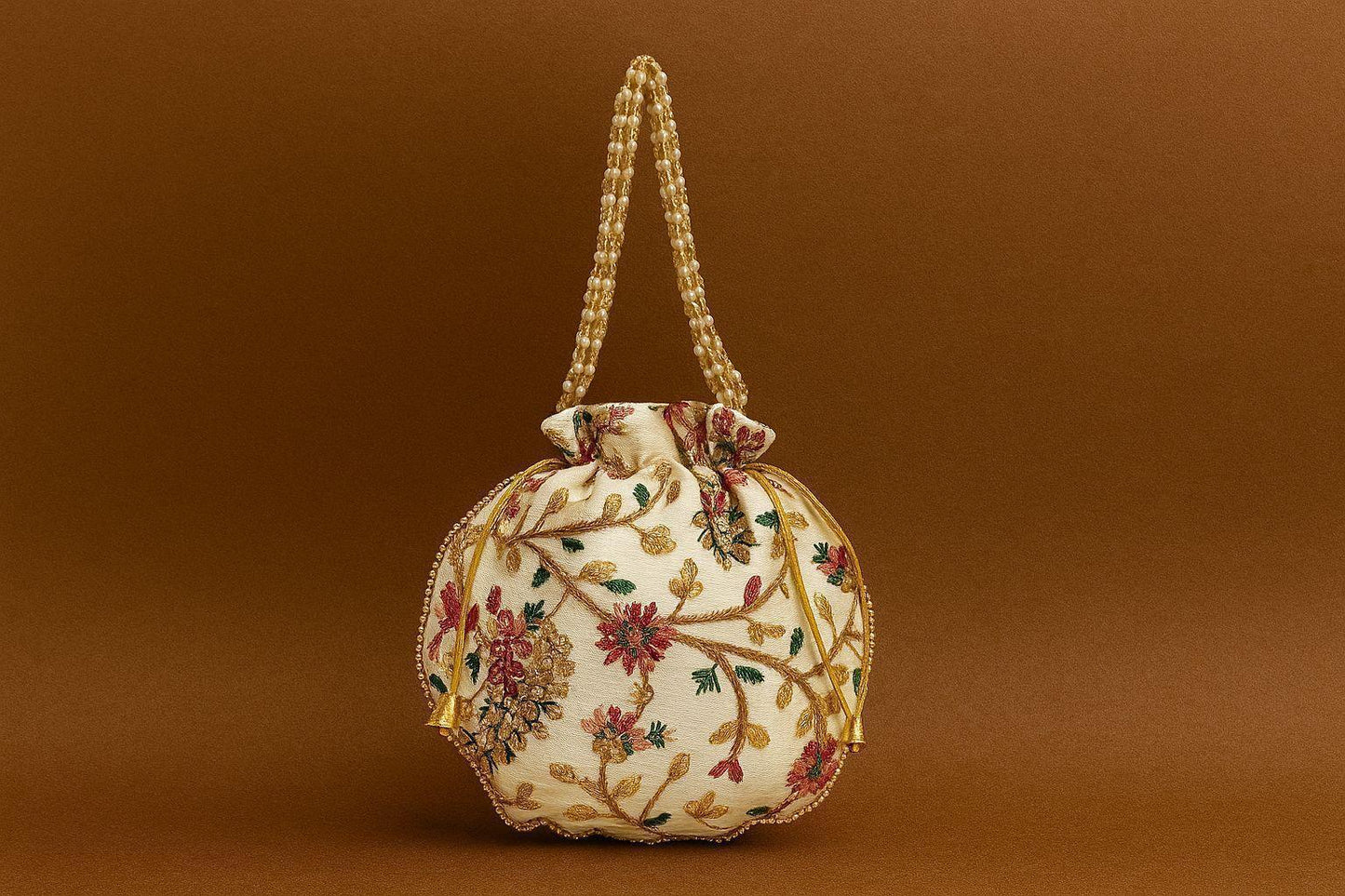Handcrafted Embroidered Potli Bag with Pearl Handle - Traditional Rajasthani Wedding Batwa