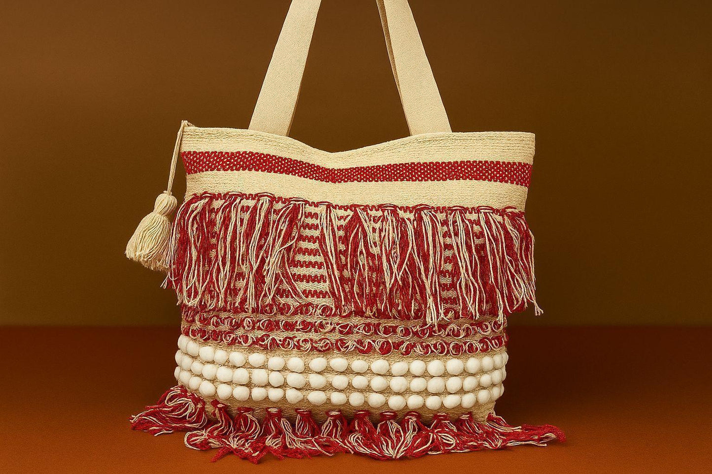 Handcrafted Multi-Textured Boho Tote - Woven Shoulder Bag with Fringes & Popcorn Details