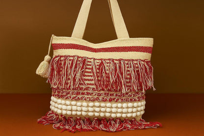 Handcrafted Multi-Textured Boho Tote - Woven Shoulder Bag with Fringes & Popcorn Details