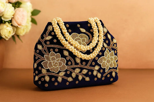 Handcrafted Velvet Mini Tote with Pearl Handle - 'Royal Garden' Floral Zari Handbag